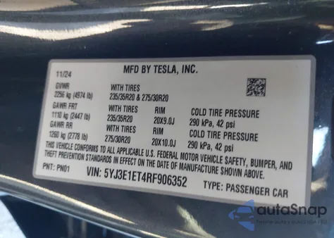 2024 Tesla Model 3 Performance All-Wheel Drive z USA, uszkodzony, nr VIN 5YJ3E1ET4RF906352